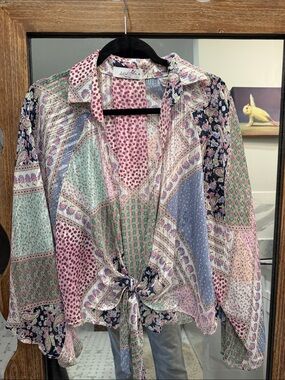 Boho Patchwork Tie-Front Blouse in Multi Pastel